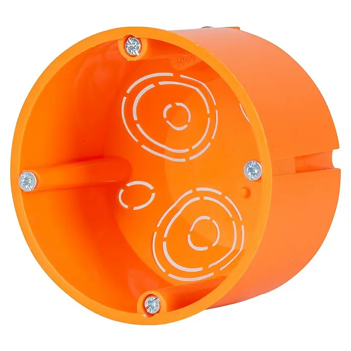F-tronic Hohlwanddose Abzweigdose - 74 x 50 mm, 1-fach, Orange - Nahaufnahme einer orangefarbenen Unterputzdose für Elektroinstallationen mit Schrauben und Ausbrechöffnungen.