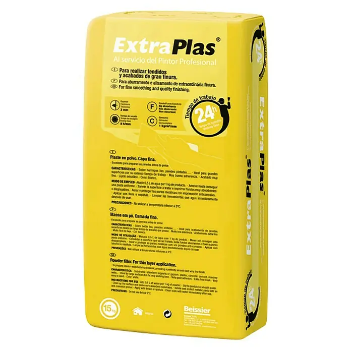Beissier Plaste en polvo Extraplas - Blanco, 15 kg - Saco de masilla para paredes ExtraPlas para acabados lisos y de calidad, ideal para pintores profesionales.