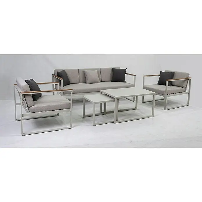 SENSUM Loungemöbel-Set Hasseludden - 5 -tlg., Aluminium, Olefin, Sand - Ein modernes graues Outdoor-Lounge-Set mit Sofa, Sessel und zwei Tischen, ideal für stilvolle Entspannung im Freien.