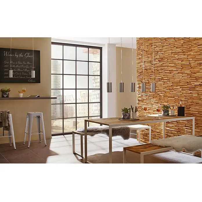 Panel de revestimiento Ultrawood Teca Toscani - 49,5 cm x 18 cm x 12,5 mm - Comedor elegante con paneles de pared de madera, mesa de comedor con estructura de acero y pizarra con vinos.
