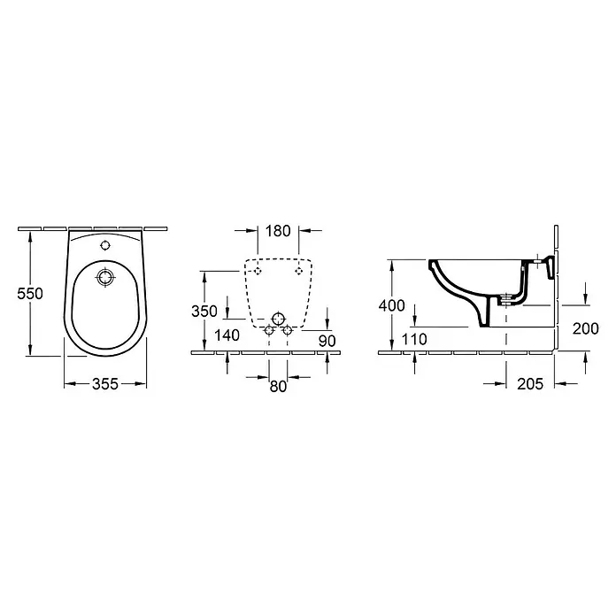 Sanicomfort Wand-Bidet Lara - 35,5 x 55 cm, Weiß, Ohne Spezialglasur - Technische Zeichnung eines Wand-Bidets mit Bemaßung. Präzise Maße für Planung und Installation.