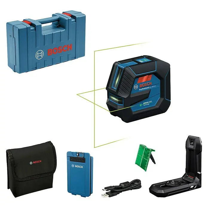 Bosch Professional Linienlaser GLL 20-22 G - Max. Arbeitsbereich: 0 m - 20 m, Nivellierbereich: ± 0,3 mm/m, 6 -tlg. - Das Bosch GLL 30-20 G Professional Set mit grünen Laserlinien ist ideal für präzise Nivellierung und Ausrichtung bei Innenausbauarbeiten.