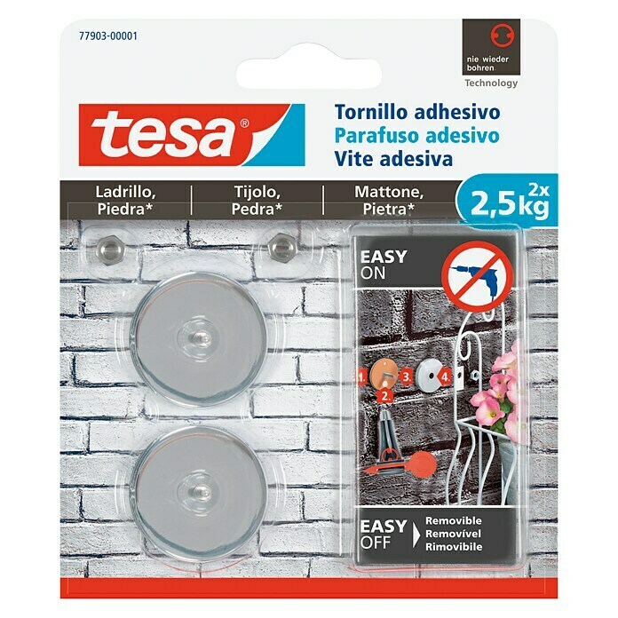 Tesa Tornillo adhesivo (Específico para: Ladrillo, Carga soportada: 2,5 kg, 2 uds., Redondeada)
