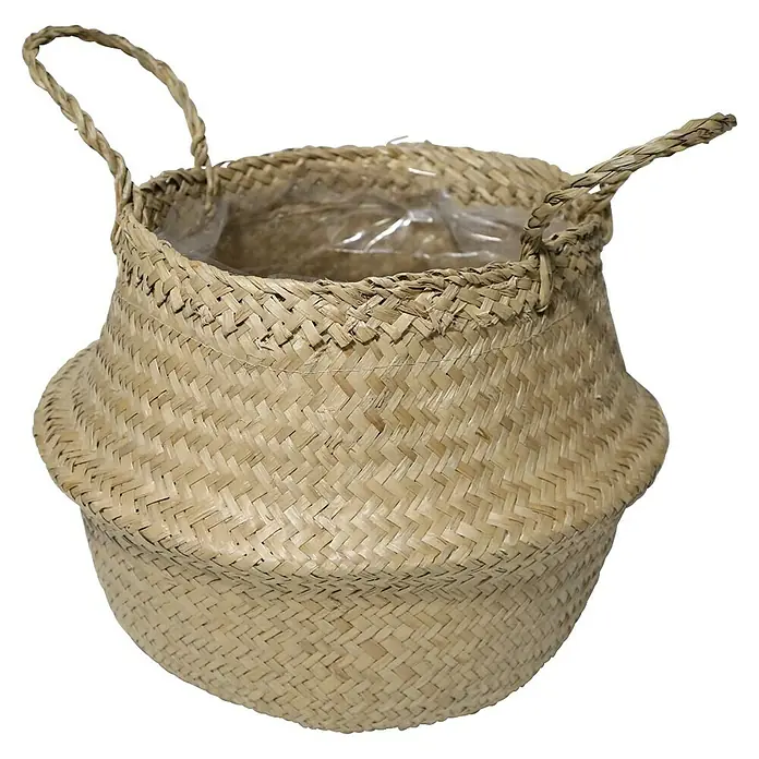 Pflanzkorb - Ø x H: 30 x 38 cm, Naturmaterialien, Natur - Ein handgefertigter, runder Pflanzenkorb aus Stroh mit zwei Henkeln. Ideal für Zimmerpflanzen und als dekoratives Element.