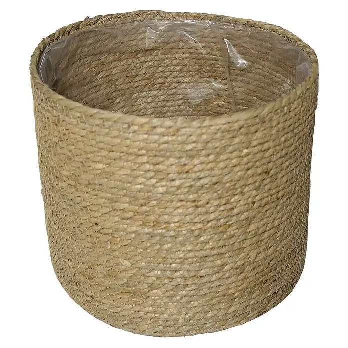 Pflanzkorb - Ø x H: 40 x 35 cm, Naturmaterialien, Braun - Runder geflochtener Naturfaser-Korb mit transparenter Kunststoffeinlage.