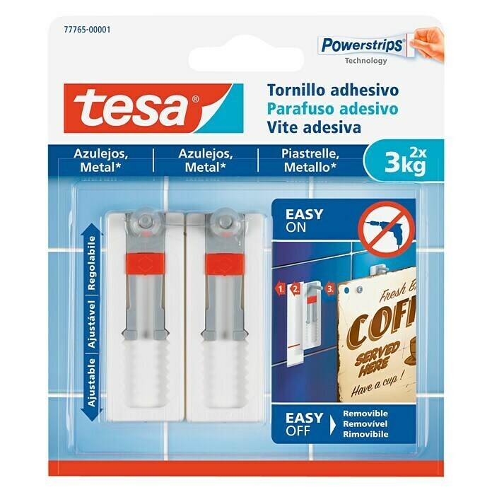 Tesa Tornillo adhesivo ajustable (Específico para: Baldosas, Carga soportada: 3 kg, 2 uds.)