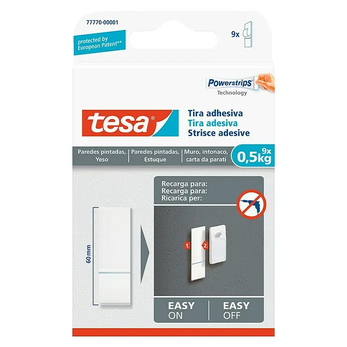 Tesa Powerstrips Tira autoadhesiva - Apto para: Paredes pintadas, Carga soportada: 0,5 kg, 9 ud. - Imagen del paquete de recambio Tesa Powerstrips que muestra las instrucciones de aplicación y las características del producto.