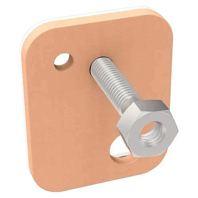 Tesa Tornillo adhesivo - Rectangular, Carga soportada: 5 kg, 2 ud. - Vista detallada de un perno con tuerca fijado a través de una placa rosa. Ideal para construcción y soluciones de fijación.
