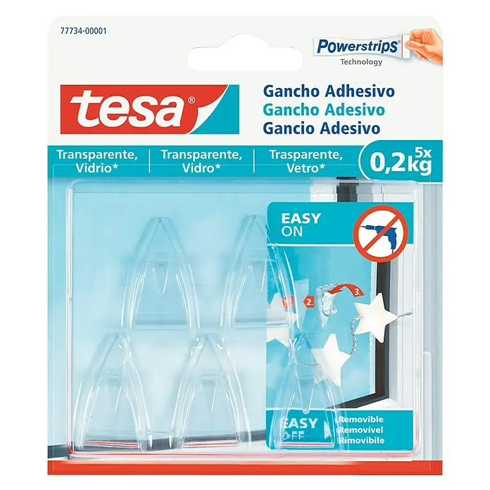 Tesa Colgador adhesivo - Transparente, Carga soportada: 0,2 kg, 5 ud. - Ganchos adhesivos Tesa Powerstrips para vidrio, transparentes, hasta 0,2 kg, 5 unidades.