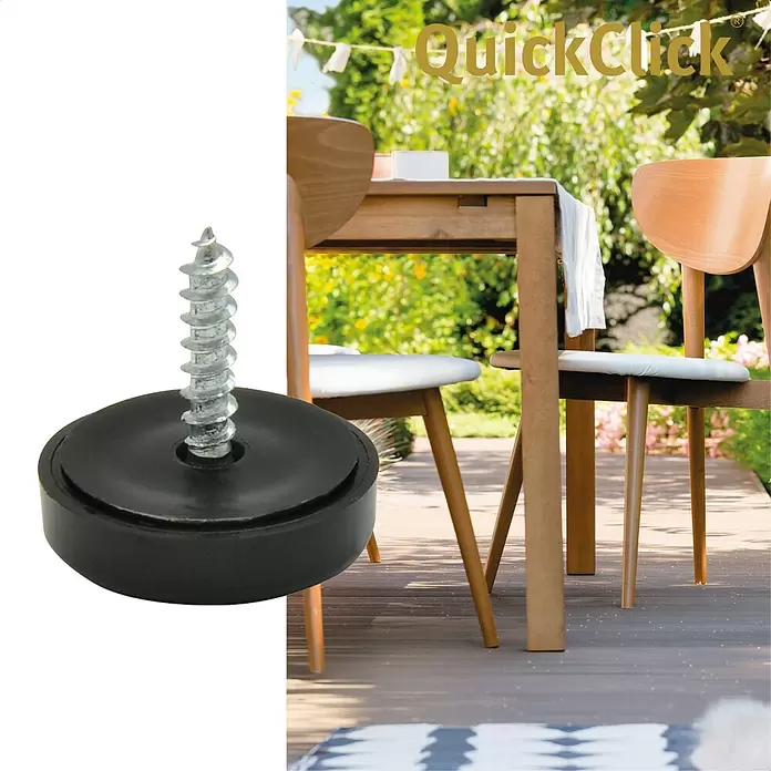Wagner System Möbelgleiter - Durchmesser: 17 mm, Schrauben - Schwarzer Schraubgleiter mit Metallschraube, teilweise über einem Outdoor-Esstisch-Set auf einer Terrasse dargestellt.