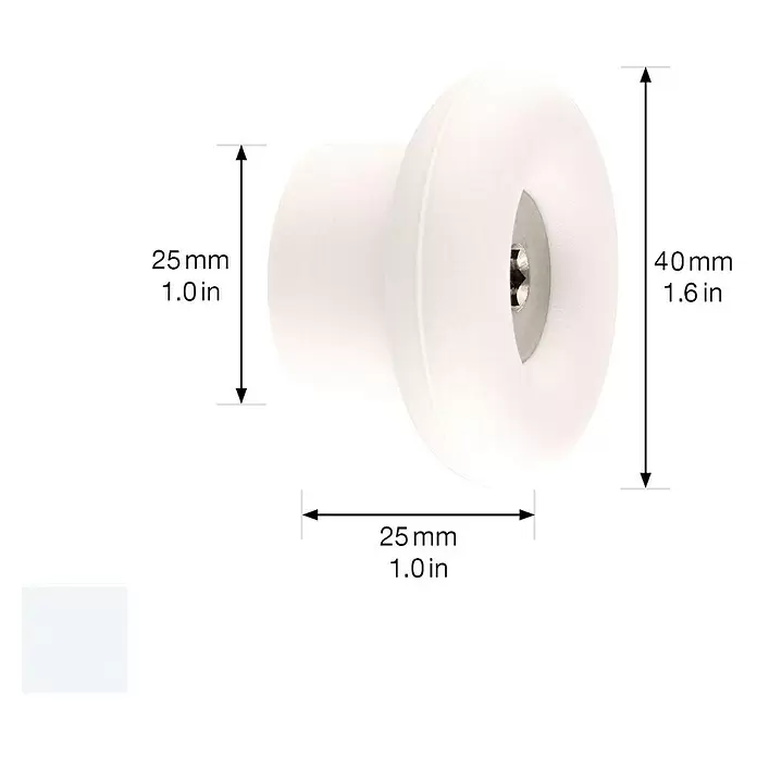 Wagner System Garderobenhaken DOT - Ø x H: 40 x 25 mm, Lichtgrau, 1 Stk. - Weißer Keramik-Schubladengriff mit mittiger Silberschraube, Maße angezeigt.
