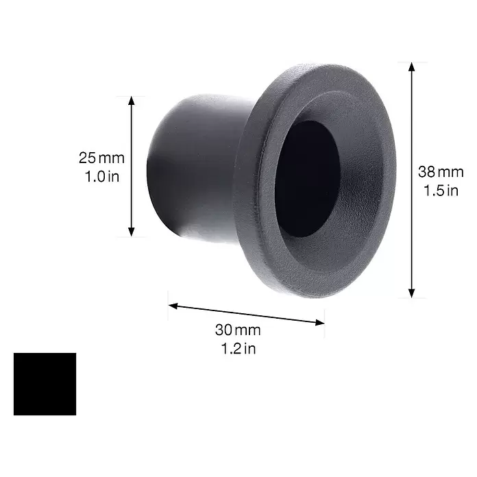 Wagner System Wandhaken WH0450 - Ø x L: 38 x 30 mm, 1 Stk. - Schwarzer glockenförmiger Gummistopfen mit ausgestelltem Rand, zeigt Längen- und Durchmessermaße.