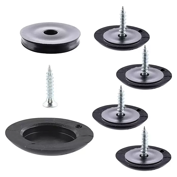 Wagner System Möbelgleiter - Durchmesser: 25 mm, Schrauben - Set aus silbernen Schrauben mit schwarzen Kunststoff-Dichtscheiben, einzeln und montiert dargestellt.