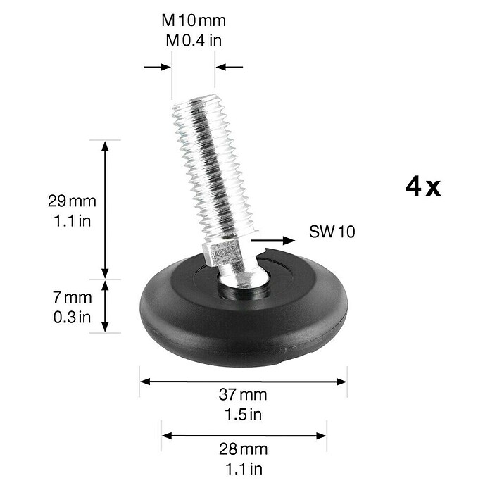 Wagner System Regulierschrauben (Durchmesser: 37 mm, Gewinde: M 10, Schwarz) | BAUHAUS