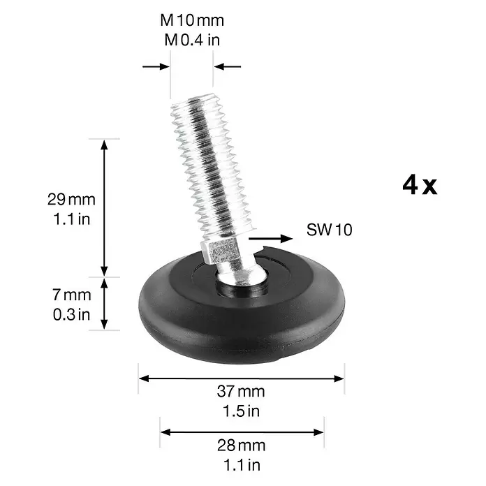 Wagner System Regulierschrauben - Durchmesser: 37 mm, Gewinde: M 10, Schwarz - Satz aus 4 schwarzen verstellbaren Stellfüßen mit M10-Gewindebolzen (SW 10) und Maßen.