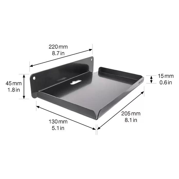 Wagner System Wandhalterung Ablage - L x B x H: 130 x 220 x 45 mm, 1 Stk. - Dunkelgraues Metall-Wandregal mit Schlüssellochhalterung und angezeigten Maßen.