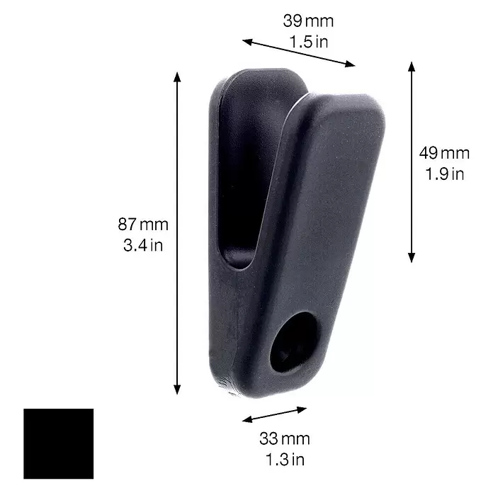 Wagner System Wandhaken WH0470 - L x H: 39 x 87 mm, 1 Stk. - Schwarzer, U-förmiger Kunststoffhaken oder -halter, mit Maßen dargestellt.