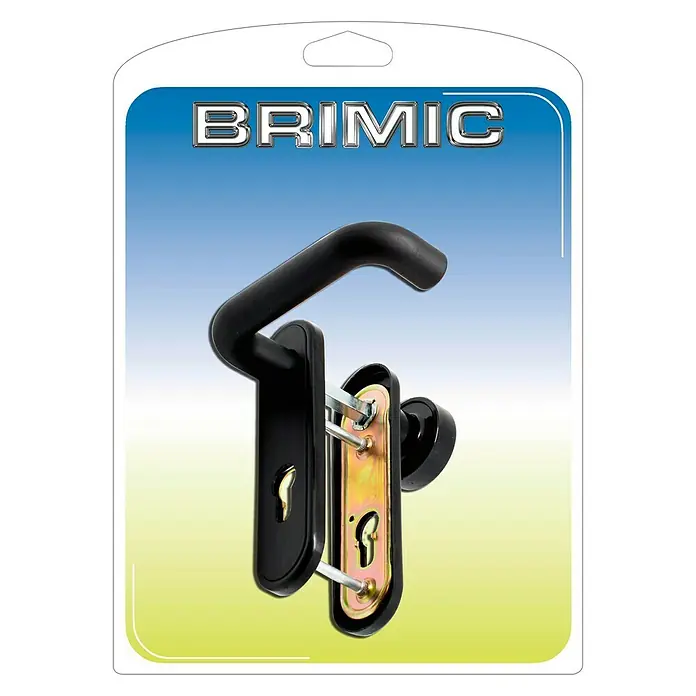 Micel Brimic Conjunto de picaporte cortafuego con pomo 704 - Acero - Manija de puerta negra BRIMIC en embalaje blíster, ideal para puertas interiores. Diseño elegante y fácil instalación.