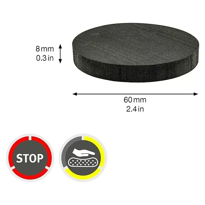 Wagner System Vibrationsdämpfer - Durchmesser: 60 mm, Schwarz, 2 Stk. - Dunkelgraue zylindrische Scheibe, 60 mm Durchmesser, 8 mm dick. Symbole zeigen Stopp- und Rutschfestigkeit an.