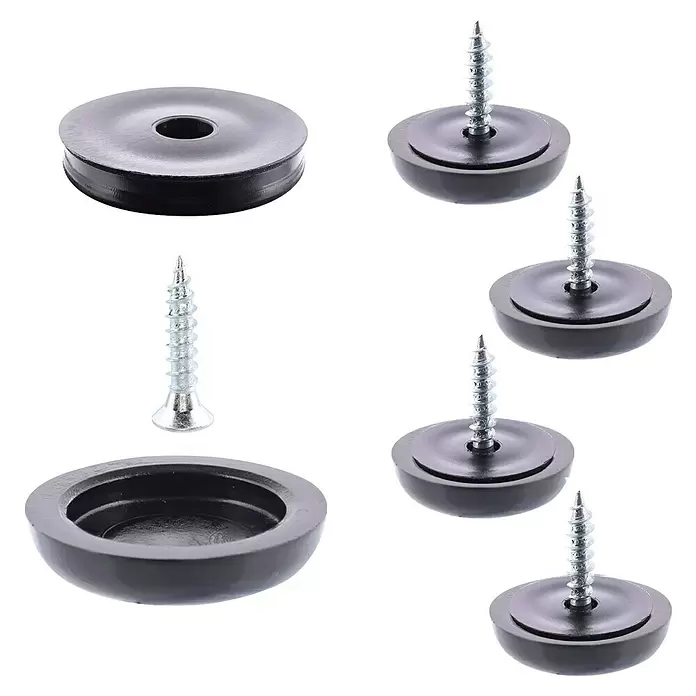 Wagner System Möbelgleiter - Durchmesser: 20 mm, Schrauben - Schwarze runde Möbelgleiter mit silbernen Schrauben, montiert und unmontiert dargestellt.