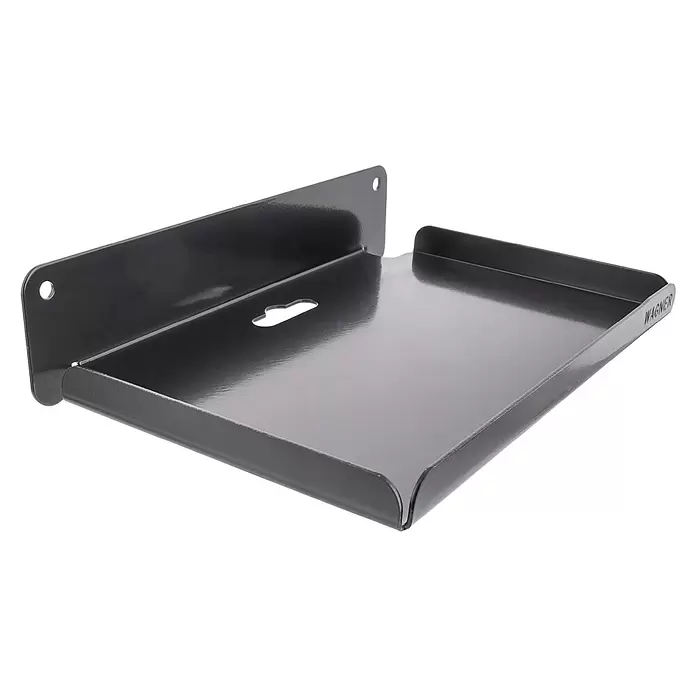 Wagner System Wandhalterung Ablage - L x B x H: 130 x 220 x 45 mm, 1 Stk. - Dunkelgraues Metall-Wandregal mit Montagelöchern und Schlüssellochschlitz, mit WAGNER-Logo.