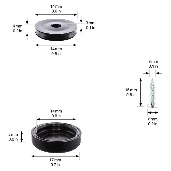 Wagner System Möbelgleiter - Durchmesser: 17 mm, Schrauben - Detaillierte Ansicht schwarzer runder Gummitüllen/Kappen und einer silbernen Schraube mit Maßangaben.