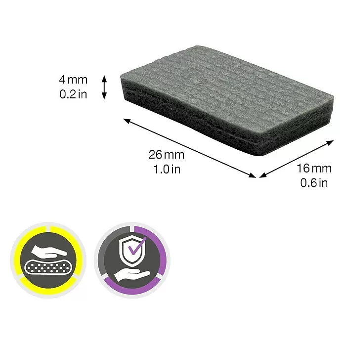 Wagner System Softpads - L x B x H: 26 x 16 x 4 mm, 16 Stk., Grau, Kleben - Texturiertes graues Rechteckpolster, 26x16x4mm, zur Dämpfung oder zum Schutz.