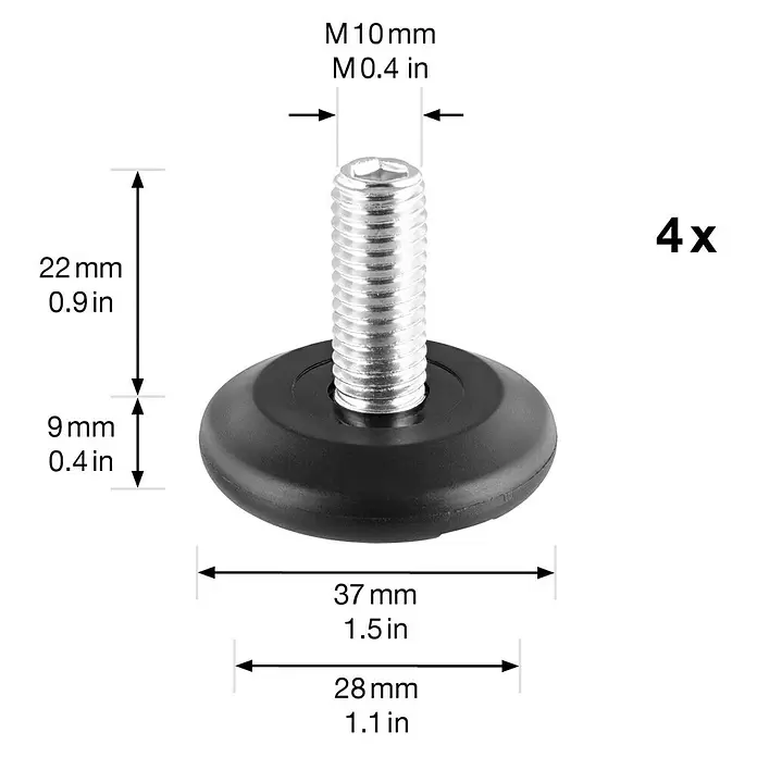 Wagner System Verstellfüße - Durchmesser: 37 mm, Schrauben, 4 Stk. - Set aus 4 schwarzen, verstellbaren M10-Möbelfüßen.