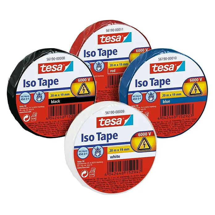 Tesa Cinta aislante Iso Tape - Blanco, L x An: 20 m x 19 mm - Imagen del producto Tesa Iso Tape en negro, rojo, azul y blanco. Cinta aislante para instalaciones eléctricas de hasta 6000V.