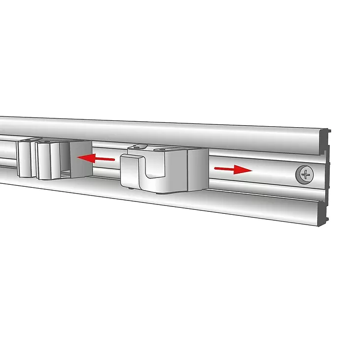 Wagner System Wandhalterung Haken Klein - L x B x H: 55 x 52 x 37 mm, 2 Stk. - Silberne Montageschiene mit weißen Gleithaltern und einer Schraube zur sicheren Befestigung.