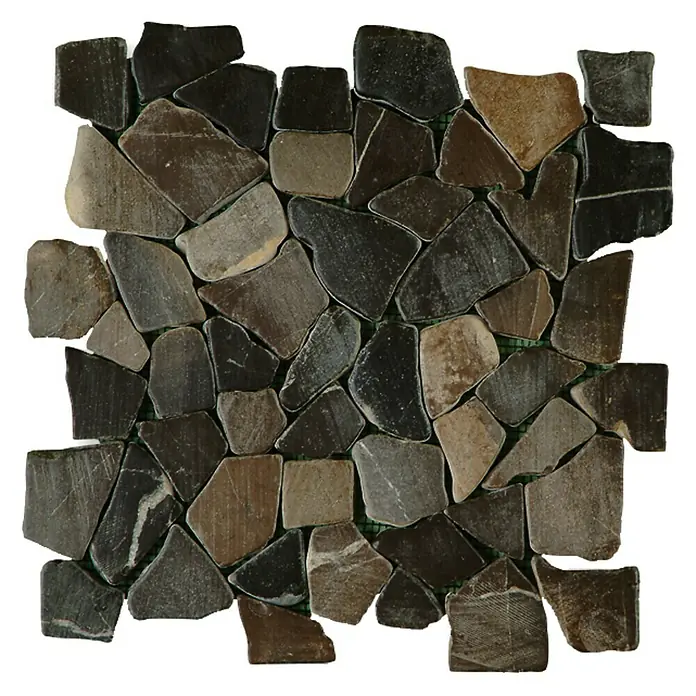 Malla mosaico Rocaplana - 30 x 30 cm, Negro - Baldosa de mosaico de piedra natural, ideal para el diseño de paredes y pisos, con formas irregulares y varios tonos de gris.