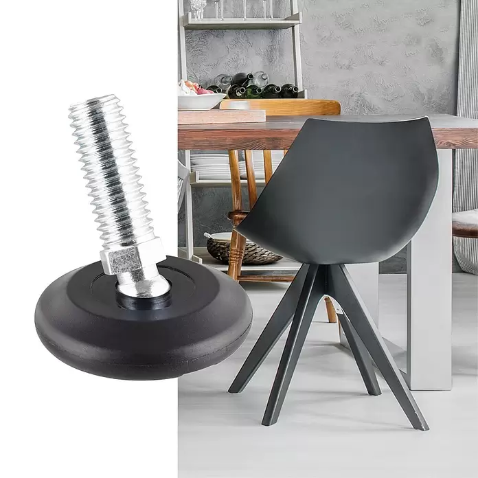 Wagner System Regulierschrauben - Durchmesser: 37 mm, Gewinde: M 10, Schwarz - Schwarzer Nivellierfuß mit silberner Gewindeschraube für Möbel.