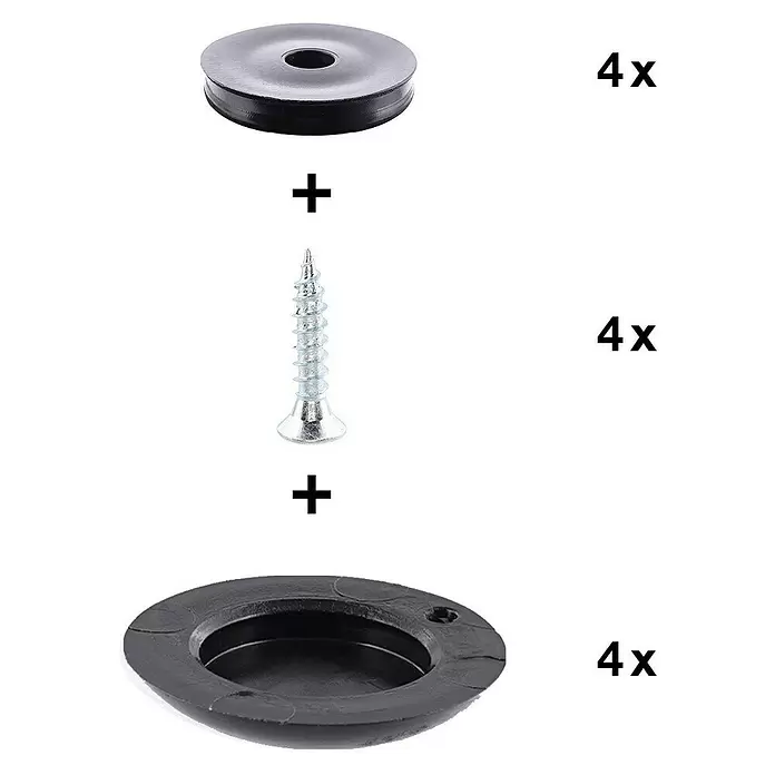 Wagner System Möbelgleiter - Durchmesser: 25 mm, Schrauben - Set mit 4 schwarzen runden Abdeckungen, 4 silbernen Schrauben und 4 schwarzen Muschelgriffen für Schiebetüren oder Möbel.