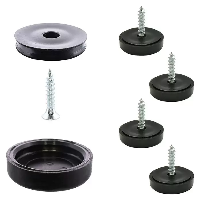 Wagner System Möbelgleiter - Durchmesser: 17 mm, Schrauben - Schwarze Kunststoff-Möbelgleiter mit silbernen Schrauben, teilweise montiert.