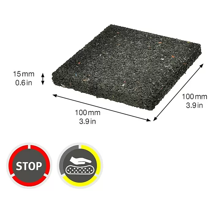 Wagner System Vibrationsdämpfer - L x B x H: 100 x 100 x 15 mm, Schwarz, 4 Stk. - Dunkelgraues, körniges Anti-Rutsch-Pad aus recyceltem Gummi, 100x100x15mm. Symbole zeigen Sicherheit und Halt an.