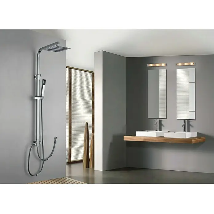 Imex Sistema de ducha Minsk - Con selector, Número de tipos de chorro: 1 ud., Cromo - Elegante baño con ducha de lluvia y tocador doble con espejos, todo en tonos grises modernos.