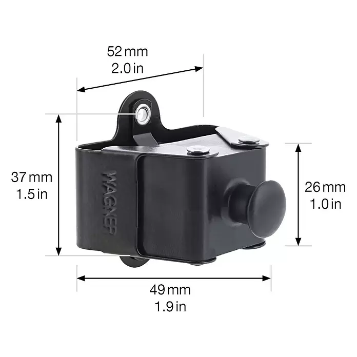 Wagner System Wandhalterung Knopfhaken - L x B x H: 49 x 52 x 37 mm, 2 Stk. - Ein schwarzes WAGNER Bauteil mit Montagehalterung und Drehknopf, Maße 52x49x37 mm.