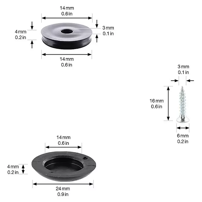 Wagner System Möbelgleiter - Durchmesser: 25 mm, Schrauben - Schwarze flache Tülle, versenkte Kappe und silberne Schraube, alle mit Maßen.