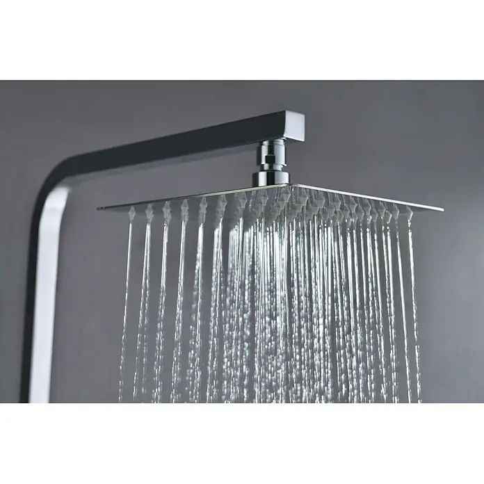 Imex Sistema de ducha Vigo - Con grifo termostático, Cromo - Cabezal de ducha cromado con agua corriendo. El diseño cuadrado proporciona una experiencia de ducha moderna.