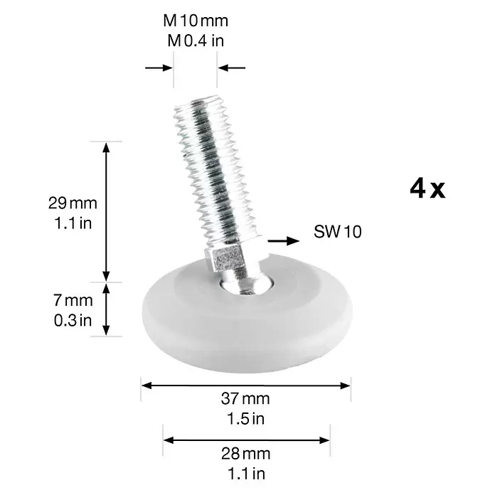 Wagner System Regulierschrauben - Durchmesser: 37 mm, Gewinde: M 10, Weiß - 4 graue, verstellbare Möbelfüße mit M10x29mm Gewindebolzen und 37mm Durchmesser Standfuß.