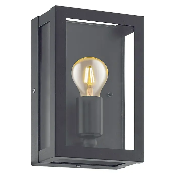 Eglo Aplique exterior Alamonte - 60 W, 17 x 10 x 26 cm, Negro, IP44 - Primer plano de una lámpara de pared negra moderna con bombilla Edison, que emite un brillo cálido y crea un ambiente elegante.