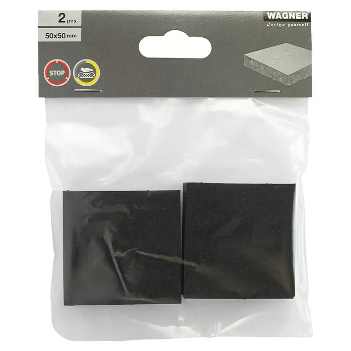 Wagner System Vibrationsdämpfer - L x B x H: 50 x 50 x 12 mm, Schwarz, 2 Stk. - Zwei schwarze, quadratische 50x50mm Anti-Rutsch-Pads in transparenter Verpackung mit grauem Header.
