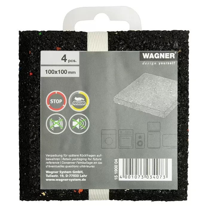 Wagner System Vibrationsdämpfer - L x B x H: 100 x 100 x 15 mm, Schwarz, 4 Stk. - Vier schwarze Antivibrationsmatten aus Gummi, 100x100mm, mit Wagner-Etikett für Rutsch- & Lärmschutz.