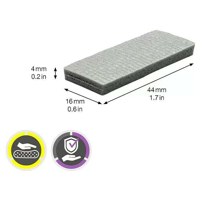 Wagner System Softpads - L x B x H: 44 x 16 x 4 mm, 12 Stk., Grau, Kleben - Grauer rechteckiger Schleifschwamm, 44x16x4mm. Symbole zeigen bequemen Halt und Schutz an.