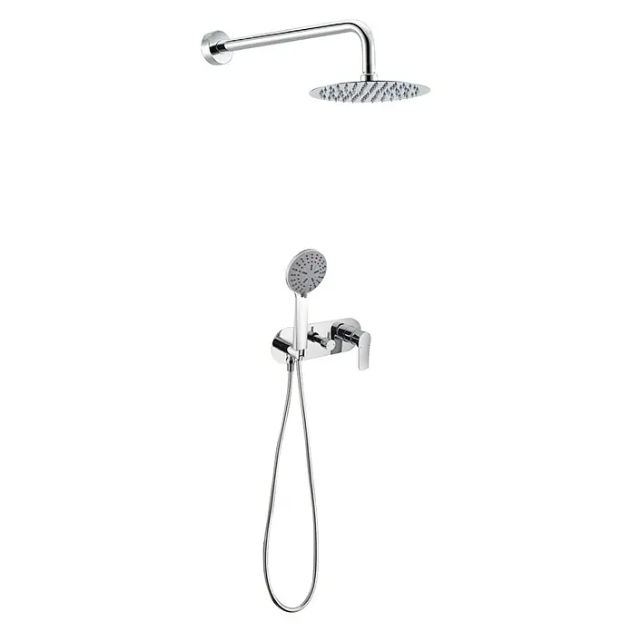 Imex Sistema de ducha empotrado Italia - Con grifo monomando, Distancia entre orificios: 15 cm, Número de tipos de chorro: 1 ud., Cromo - Esta imagen muestra un moderno sistema de ducha con rociador y ducha de mano con acabado cromado, ideal para un baño elegante.