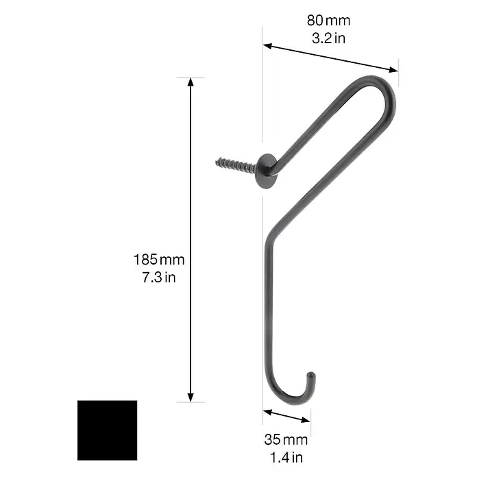 Wagner System Garderobenhaken WH 432 - L x H: 80 x 185 mm, Schwarz, 1 Stk. - Schwarzer Metall-Einschraubhaken zur Wandmontage, mit langem U-Bogen, inklusive Maßen.