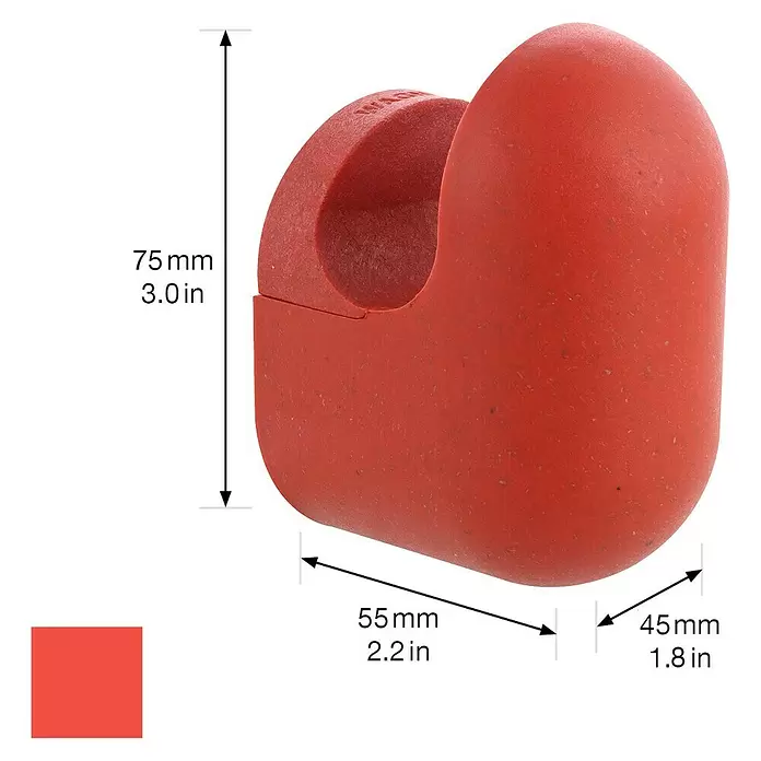 Wagner System Garderobenhaken PILL - L x B x H: 55 x 45 x 75 mm, Korallenrot, 1 Stk. - Rot strukturierter C-förmiger Gummi-/Silikonhalter mit Maßen.