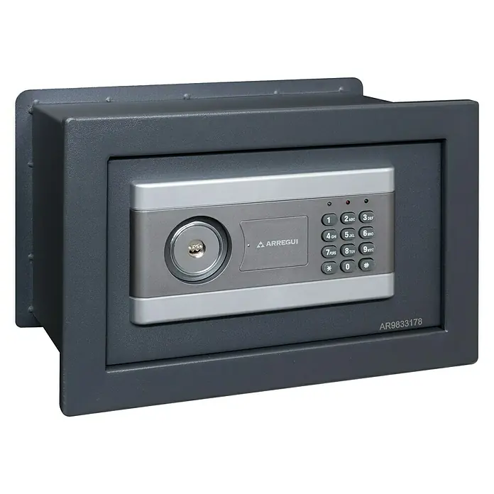 Arregui Caja fuerte empotrable New Stylo 19010W-S1 - Tipo de bloqueo: Códigos de usuario, L x An x Al: 32 x 20 x 21 cm - Caja fuerte gris Arregui con teclado digital y cerradura de llave para mayor seguridad y protección de objetos valiosos.