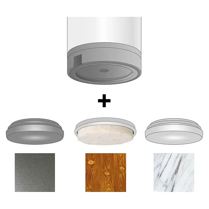 Wagner System Möbelgleiter-Set Quickclick Soft - Durchmesser: 40 mm, 4 Stk. - Modulares zylindrisches Leuchtengehäuse mit austauschbaren grauen Böden und Materialoptionen: strukturiertes Grau, Holz, Marmor.