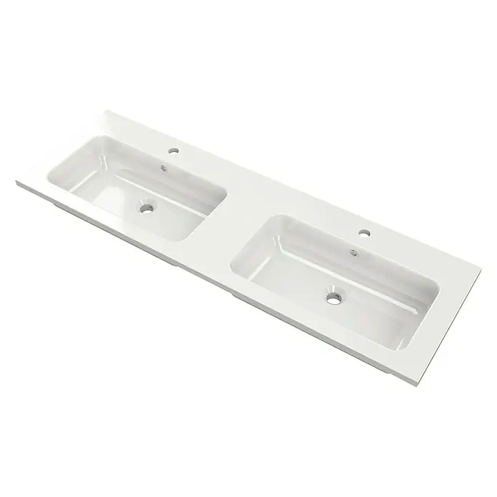 Lavabo doble Zeppelin - 140,5 x 45,5 cm, Orificios para grifo: Medio, Blanco brillo - Encimera de tocador doble con dos lavabos de cerámica blanca brillante, ideal para baños modernos. Diseño elegante para lavabos dobles.